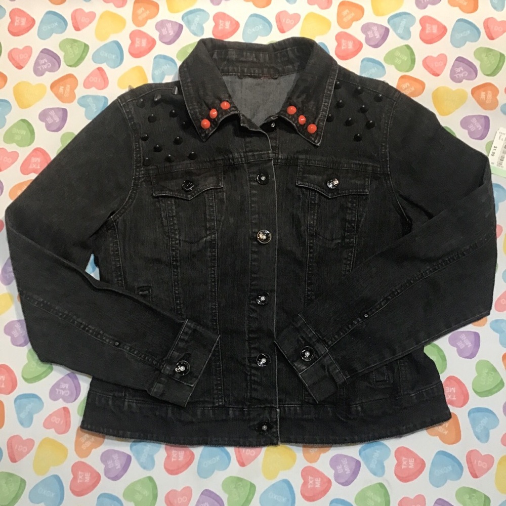 Style & Co Women’s Black Denim Jacket Blazer with red black silver spikes